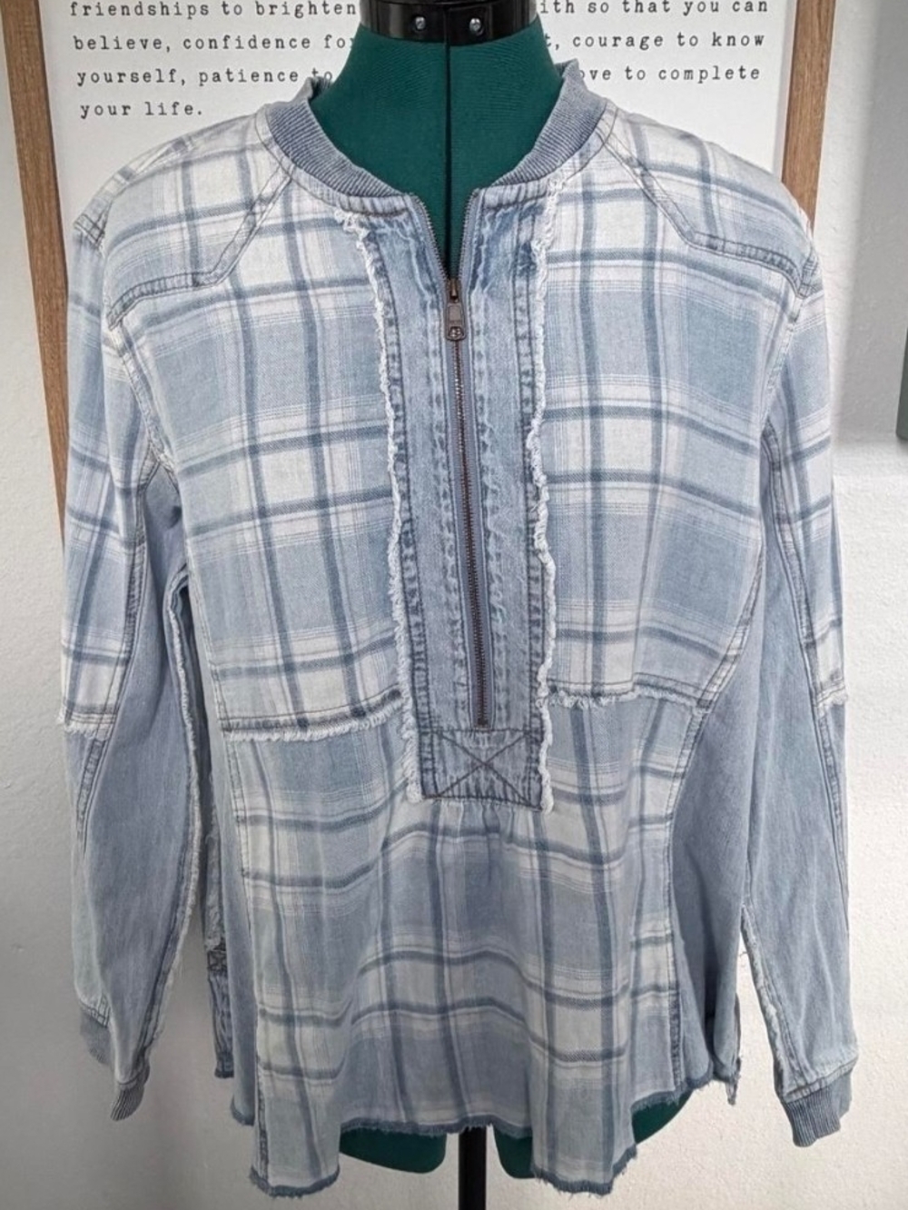 Tru Luxe Jeans Light Blue Plaid Half-Zip Long Sleeve Shirt